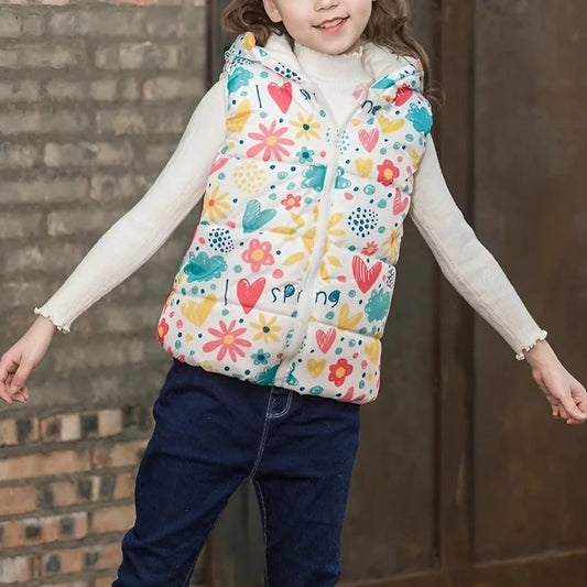 Bezrękawnik dziewczęcy z kapturem we wzorki Bezrękawnik dziewczęcy z kapturem we wzorki