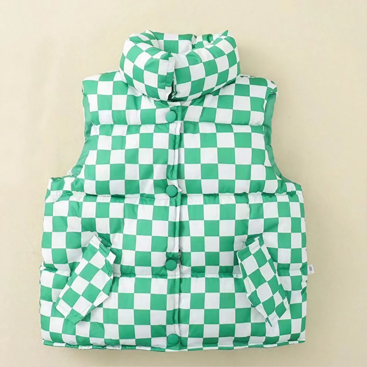 Bezrękawnik chłopięcy puchowy w kratę Zielony