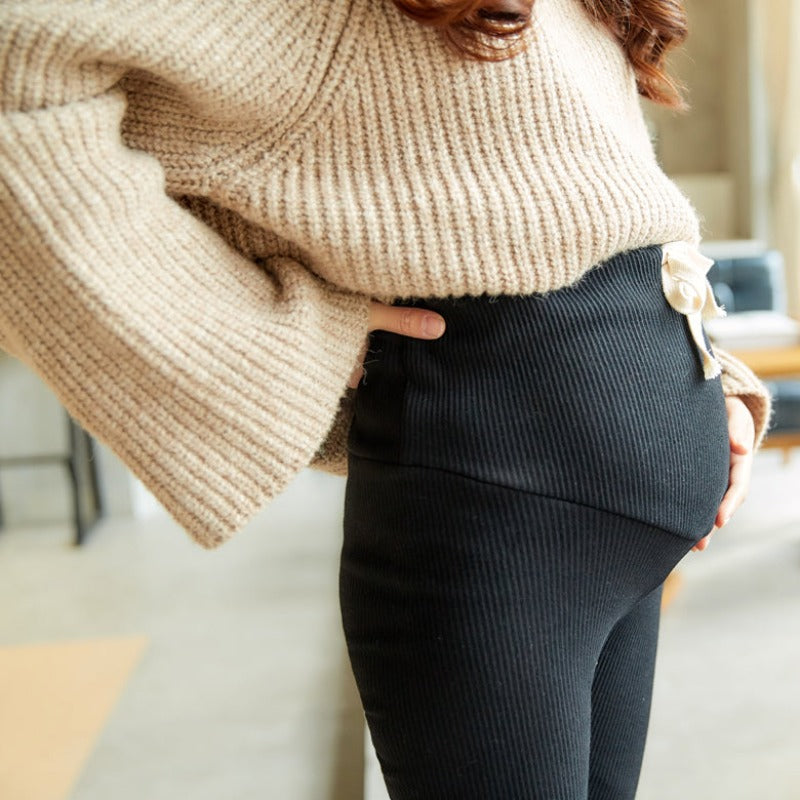 Legginsy ciążowe z wysokim stanem z wiązaniem w pasie - Miziu.pl