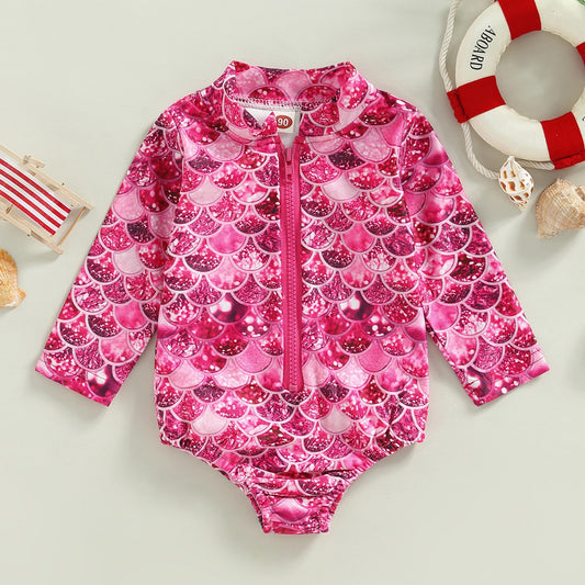 Dziewczęcy strój kąpielowy z długim rękawem z motywem syrenki Dziewczęcy strój kąpielowy z długim rękawem z motywem syrenki Różowy