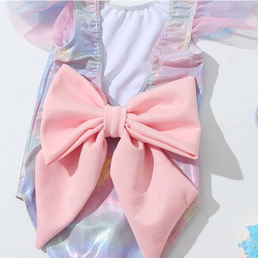 Błyszczący jednoczęściowy stój kąpielowy dla dziewczynki z kokardką Błyszczący jednoczęściowy stój kąpielowy dla dziewczynki z kokardką