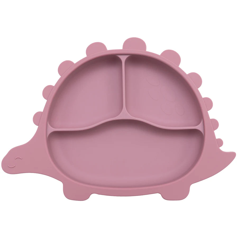 Silikonowy talerzyk w kształcie dinozaura z przegródkami Silikonowy talerzyk w kształcie dinozaura z przegródkami Różowy 26.5x19cm