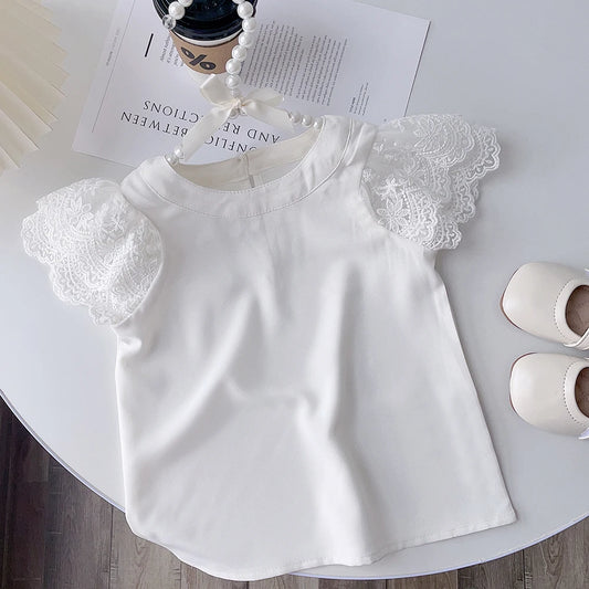 Elegancka koszulka dziewczęca z krótkimi ażurowymi rękawami Elegancka koszulka dziewczęca z krótkimi ażurowymi rękawami Biały