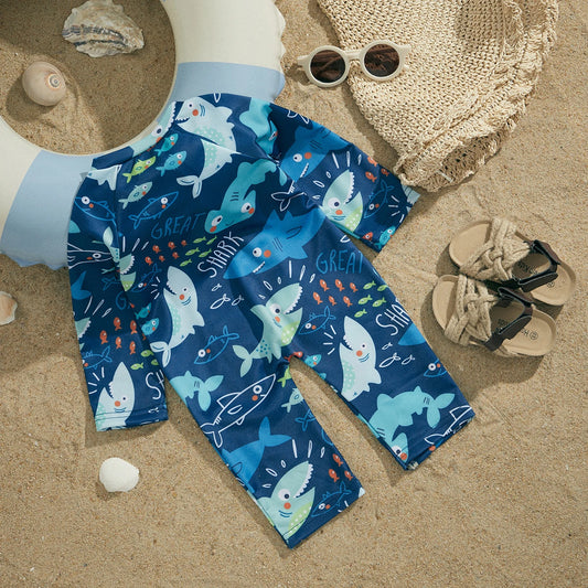 Niemowlęcy jednoczęściowy strój kąpielowy długi w rybki Niemowlęcy jednoczęściowy strój kąpielowy długi w rybki