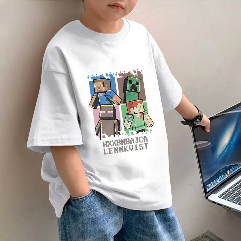 Chłopięca koszulka z krótkim rękawem i motywem minecraft Biały