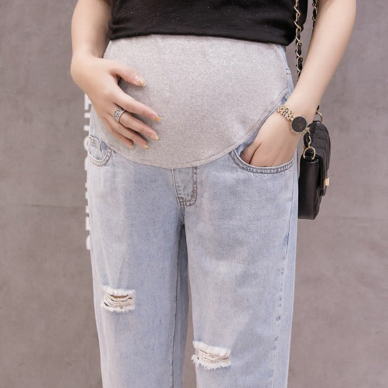 Spodnie ciążowe mom jeans z przetarciami - Miziu.pl
