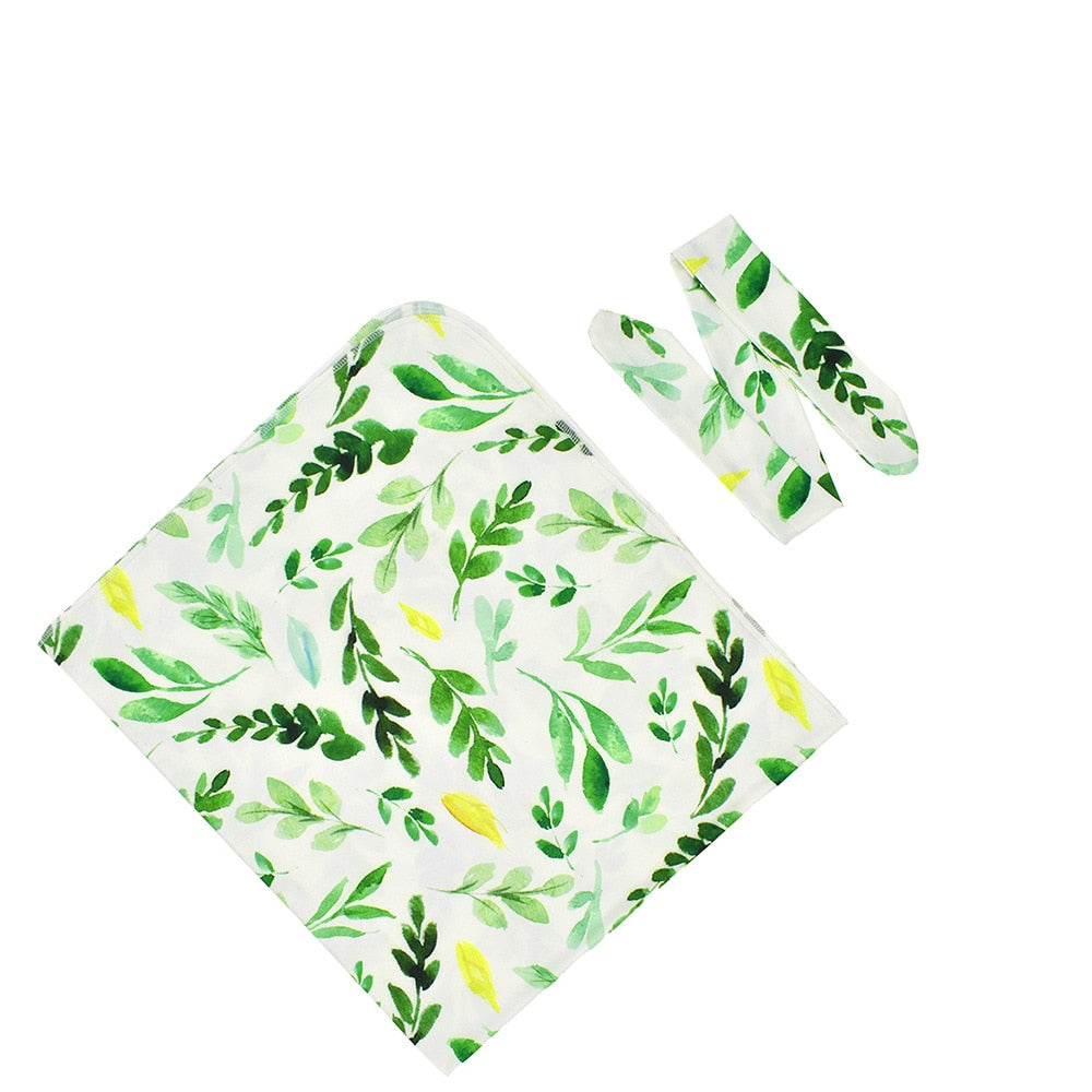 Otulacz dla noworodka we wzory z opaską w zestawie Zielony