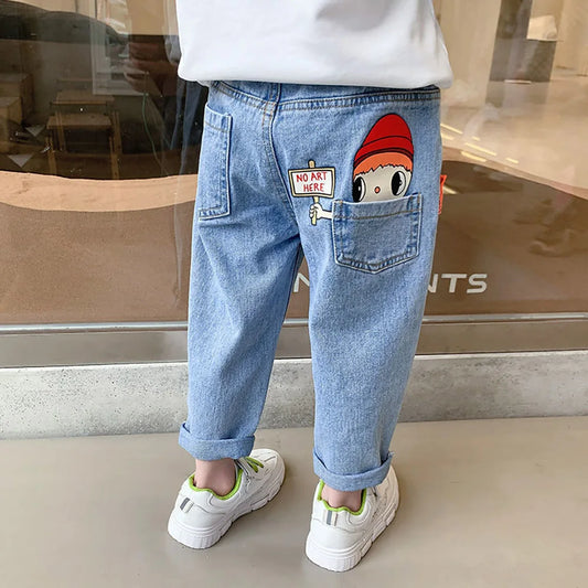 Dżinsy dziewczęcy typu mom fit z nadrukiem na tyle Dżinsy dziewczęcy typu mom fit z nadrukiem na tyle Niebieski