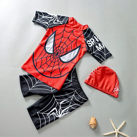 Dwuczęściowy strój kąpielowy dla chłopca z motywem Spidermana i czepkiem w zestawie Dwuczęściowy strój kąpielowy dla chłopca z motywem Spidermana i czepkiem w zestawie Czarny