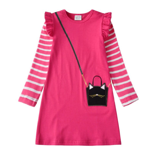 Dziewczęca sukienka w paski z długim rękawem i nadrukiem torebki Dziewczęca sukienka w paski z długim rękawem i nadrukiem torebki