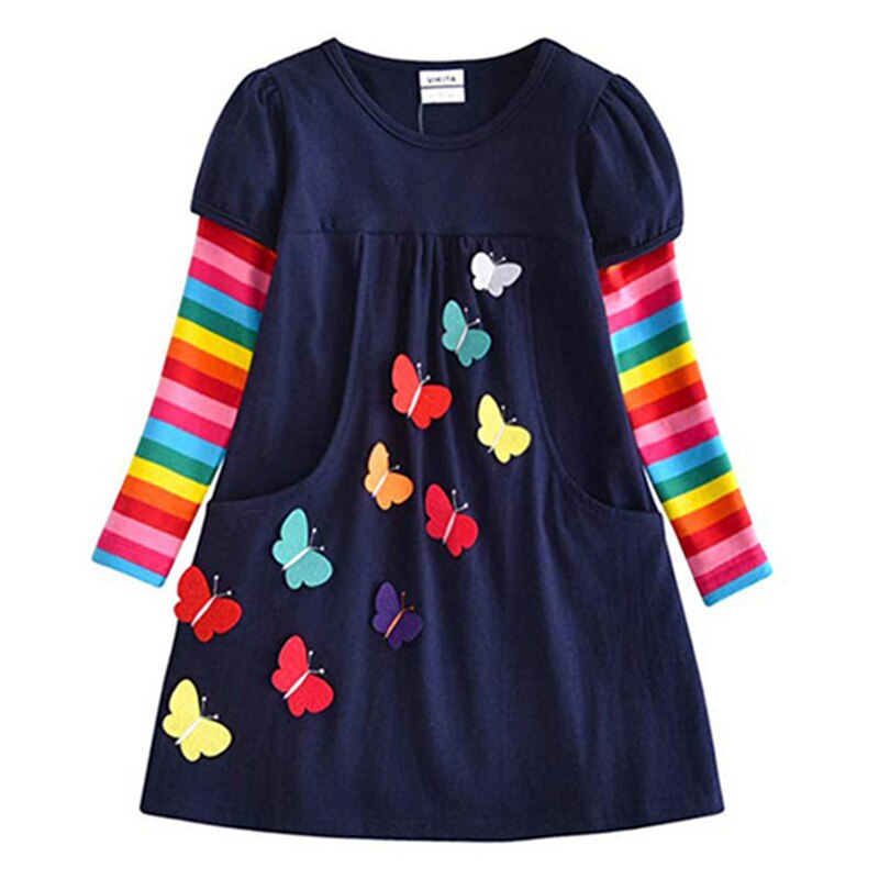 Bawełniana sukienka z długim rękawem w kolorowe paski Granatowa w motylki