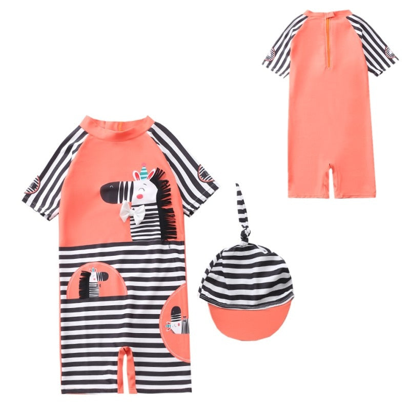 Jednoczęściowy strój kąpielowy dla chłopca na suwak z motywem zebry Różowy