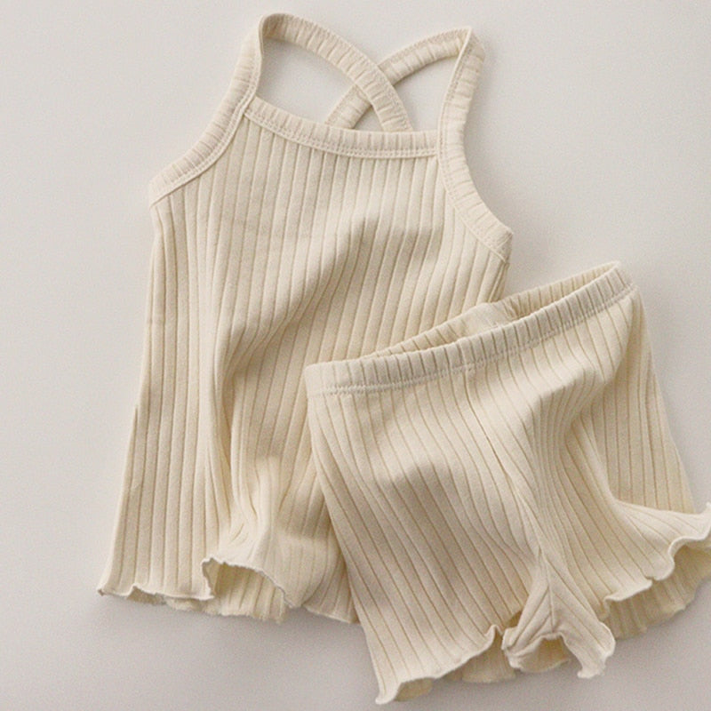 Piżama dziewczęca krótki komplet prążkowany Beżowy