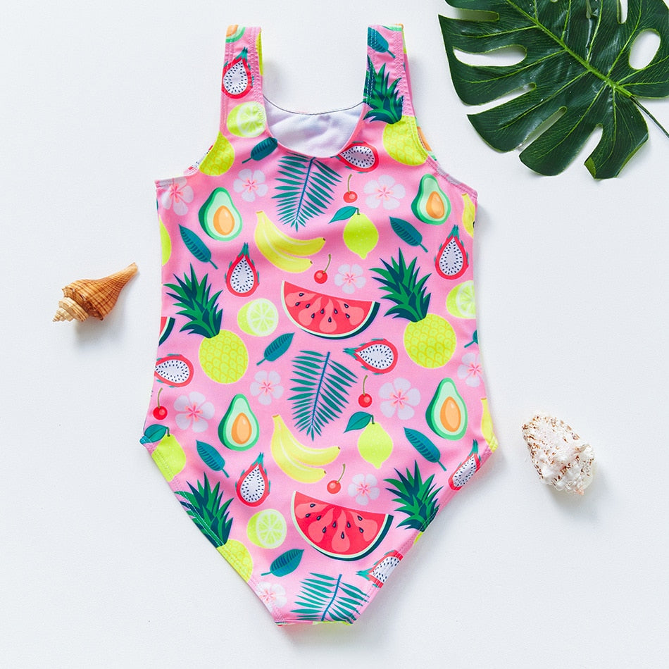 Śliczny jednoczęściowy kostium kąpielowy dla dziewczynek w motyw tropikalny - Miziu.pl