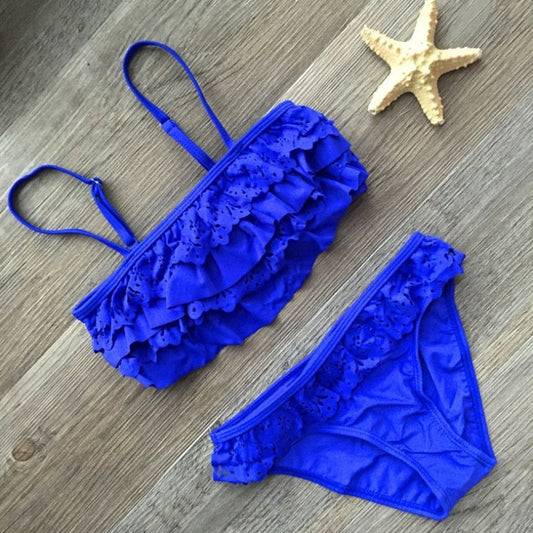 Dwuczęściowy strój kąpielowy dla dziewczynek z falbankami Dwuczęściowy strój kąpielowy dla dziewczynek z falbankami Niebieski