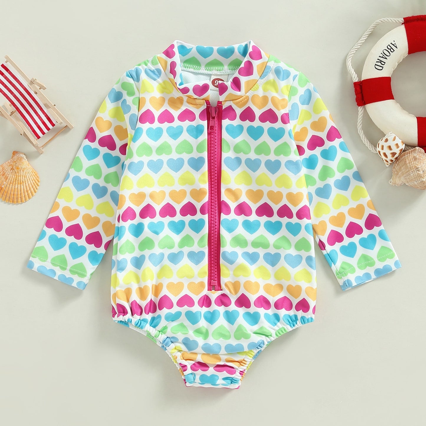 Dziewczęcy strój kąpielowy z długim rękawem w serduszka z zamkiem Zielony