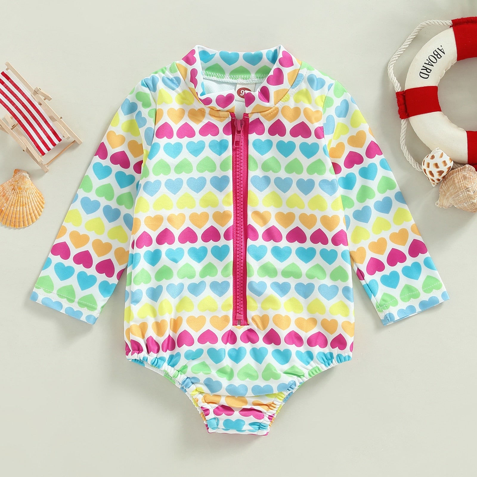 Dziewczęcy strój kąpielowy z długim rękawem w serduszka z zamkiem Zielony