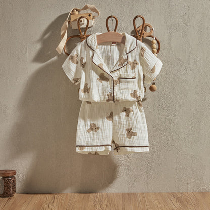 Piżamka dla dziewczynki z misiami i krótkim rękawkiem Beżowy