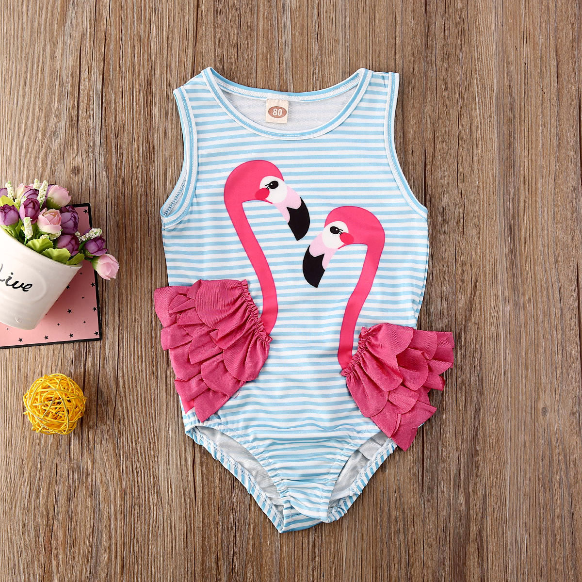 Jednoczęściowy strój kąpielowy dla dziewczynek w paski z flamingami - Miziu.pl
