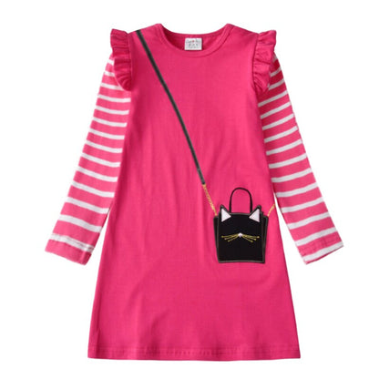 Dziewczęca sukienka w paski z długim rękawem i nadrukiem torebki Fuksja