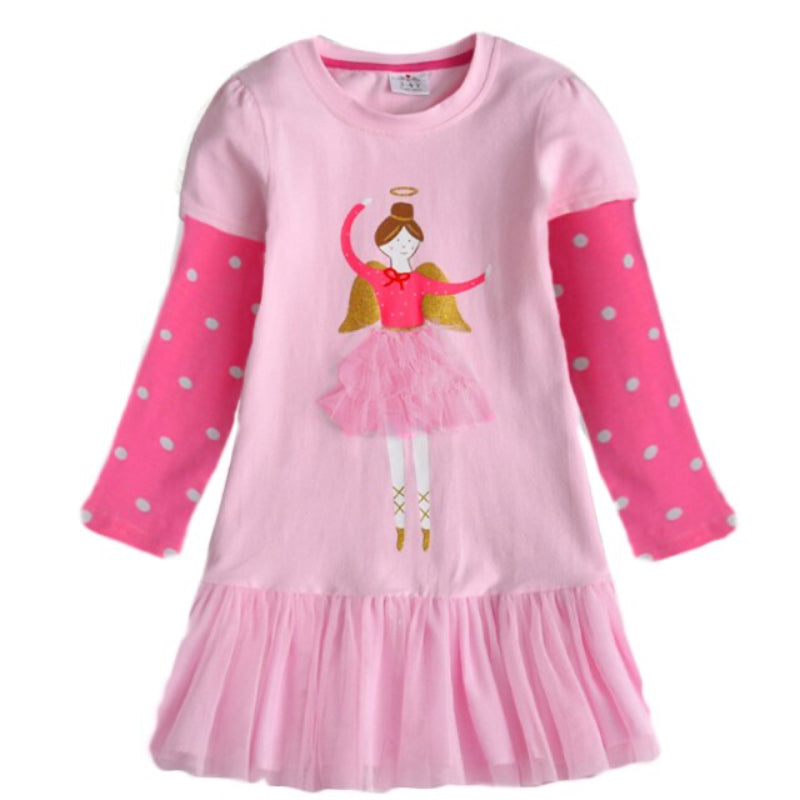 Bawełniana sukienka z długim rękawem i nadrukiem baletnicy Różowa w baletnicę