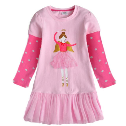 Bawełniana sukienka z długim rękawem i nadrukiem baletnicy Różowa w baletnicę