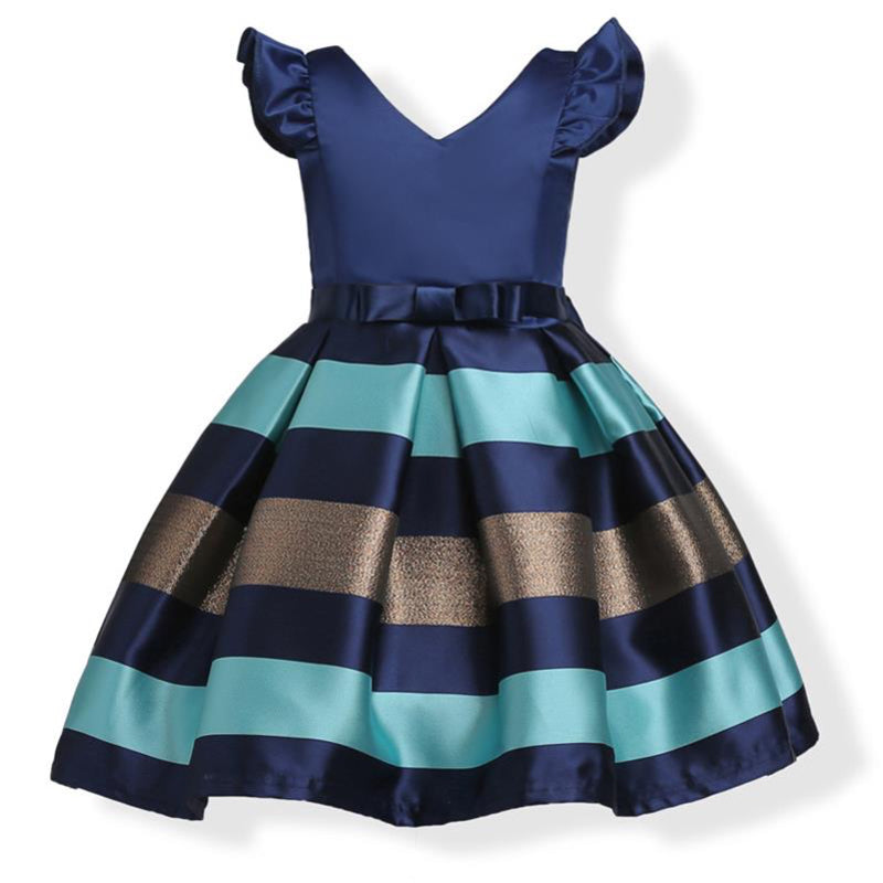 Elegancka sukienka wizytowa z dekoltem w serek i dołem w paski Granatowa w paski