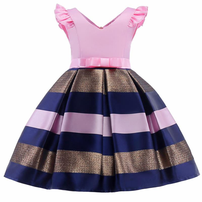 Elegancka sukienka wizytowa z dekoltem w serek i dołem w paski Różowa w paski