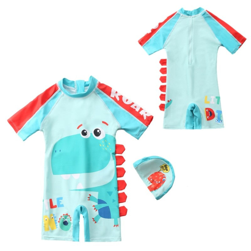Jednoczęściowy strój kąpielowy dla chłopca na suwak z motywem dinozaura i czepkiem Jasnoniebieski