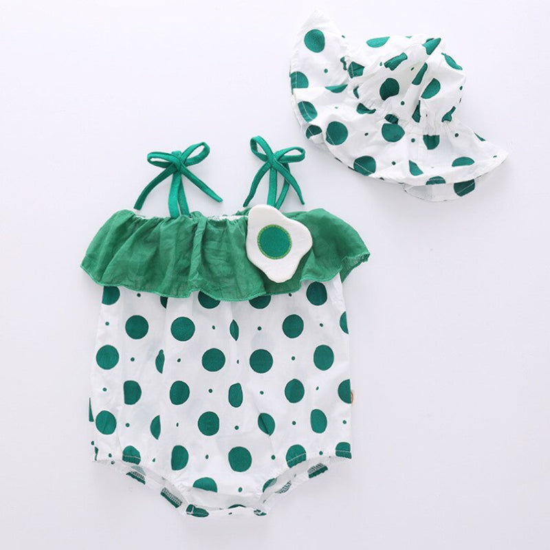 Letnie, białe body z czapeczką w zielone kropki Białozielony