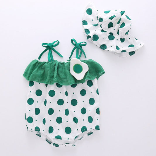 Letnie, białe body z czapeczką w zielone kropki Białozielony