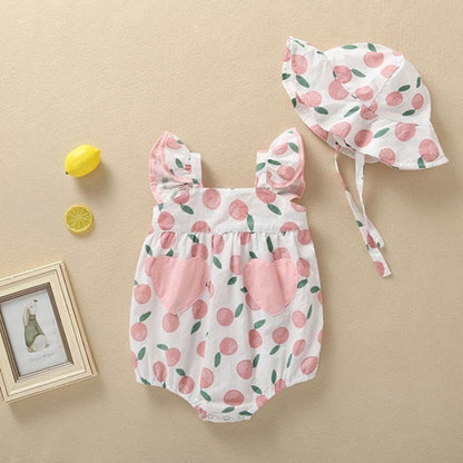 Letnie body z czapeczką w owocowe wzorki Biały z brzoskwinią