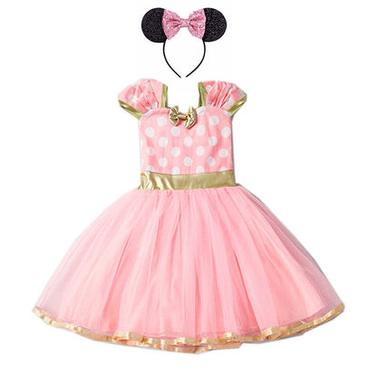 Sukienka, przebranie myszki Minnie z opaską na głowę Pudrowy róż z rozkloszowanym dołem Czarny