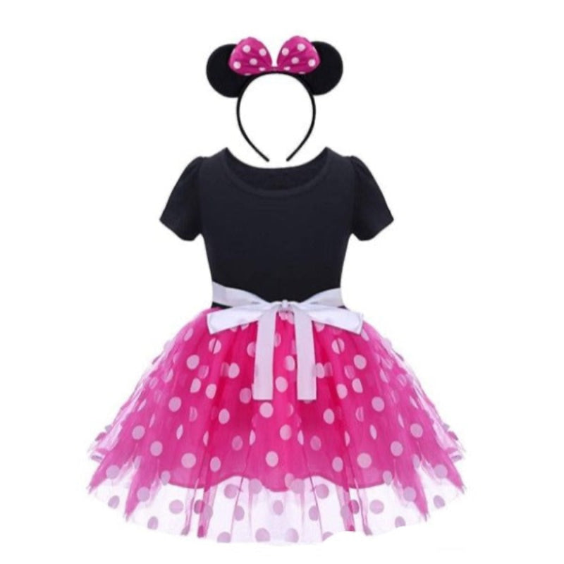 Sukienka z tiulem w kropki i opaską z uszami myszki Czarno-różowa Czarny