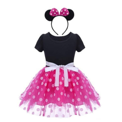 Sukienka z tiulem w kropki i opaską z uszami myszki Czarno-różowa Czarny