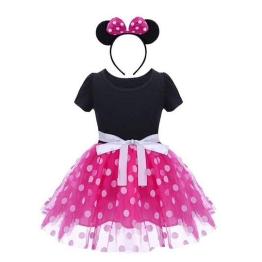 Sukienka z tiulem w kropki i opaską z uszami myszki Czarno-różowa Czarny