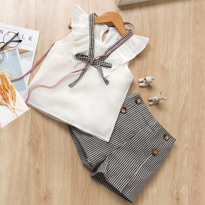 Elegancki dziewczęcy komplet na lato ze spodenkami w kratkę Biało-szara