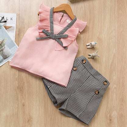 Elegancki dziewczęcy komplet na lato ze spodenkami w kratkę Różowo-szara