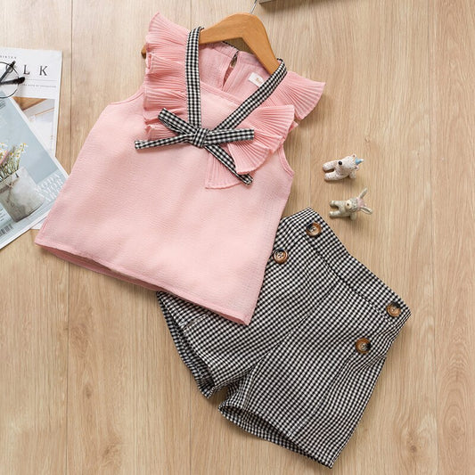 Elegancki dziewczęcy komplet na lato ze spodenkami w kratkę Różowo-szara